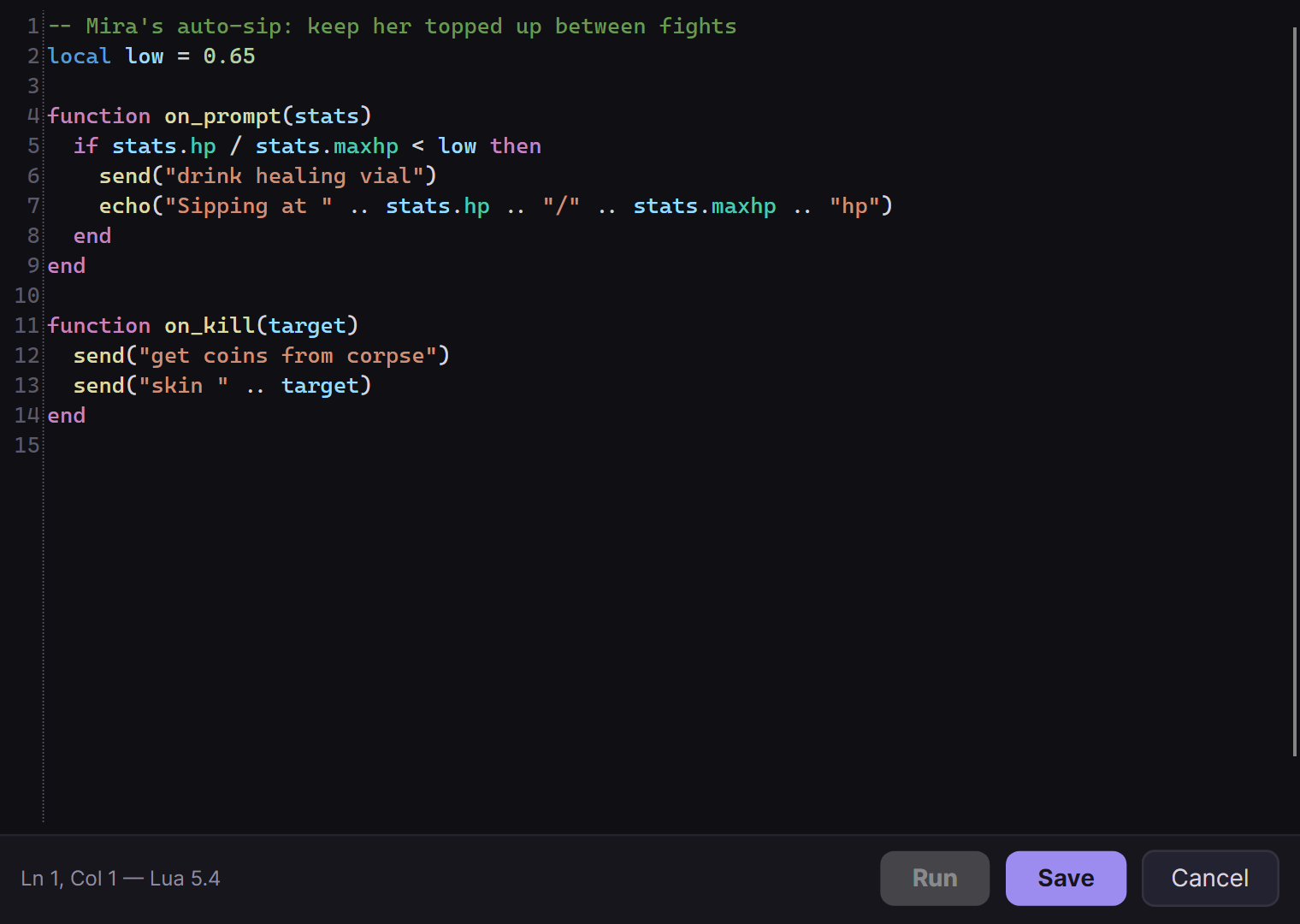 The AKAMud pop-out Lua editor showing a syntax-coloured script with line numbers and Run, Save and Cancel buttons