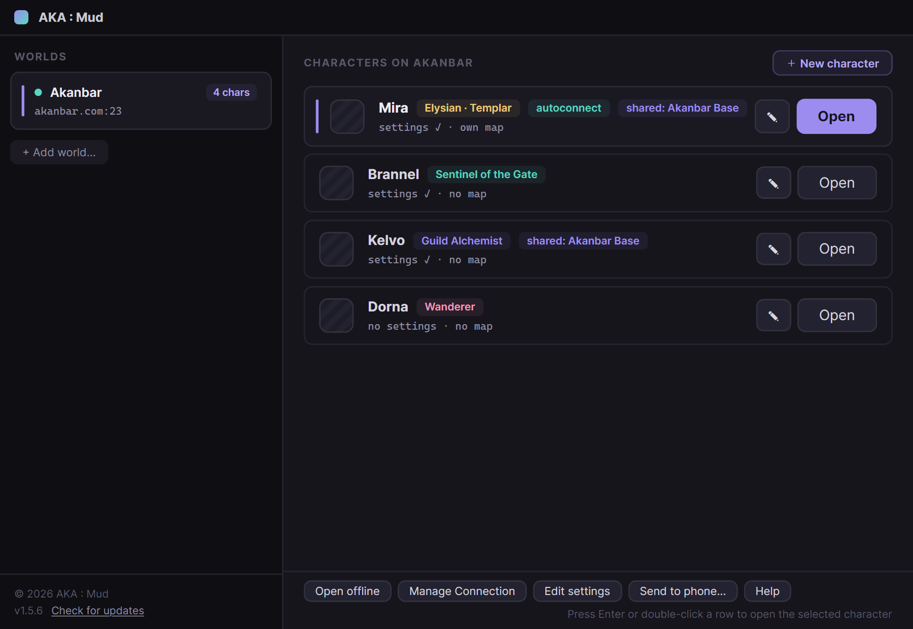 The AKAMud Character Picker: the Akanbar world on the left, four colour-tagged characters on the right