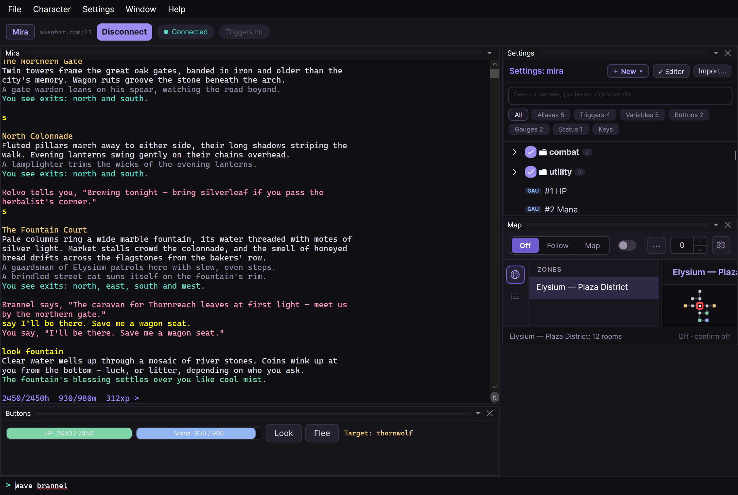 An AKAMud session: the game terminal with coloured output, gauges, buttons and the docked automapper